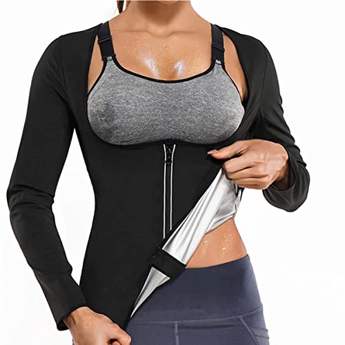 Damen Taillentrainer Anzug Schweiß Body Shaper Jacke Top Reißverschluss Langarm ​Ärmel Taille Waist Trainer Fitness Shirt Top Unterbrust Korsett Yoga Übun Saunaanzüge Thermal Schweiß (M) von ACMEDE