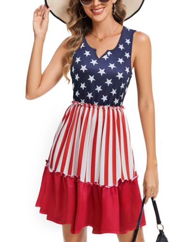 ACMOLIN Minikleid mit amerikanischer Flagge, vertikal, gestreift, gerüscht, 4. Juli, ärmelloses Kleid mit Taschen, rot, blau, Mittel von ACMOLIN