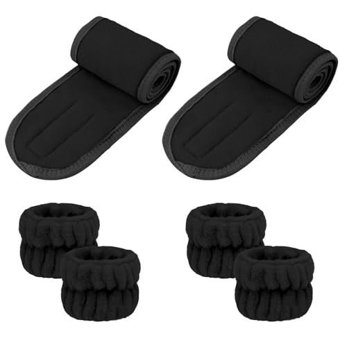 ACO-UINT 2 schwarze Spa-Stirnbänder zum Waschen des Gesichts, 4 Handgelenk-Waschbänder, verstellbare Hautpflege- und Make-up-Stirnbänder, Handtuch-Armbänder von ACO-UINT