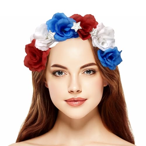 ACOGEDO Patriotische Amerikanische Flagge Stirnband Haare mit Roten Weißen und Blauen Blumen für Independence Day 4. Juli Feierlichkeiten - Universal Elastic Hairband für Erwachsene und (Modell B: von ACOGEDO