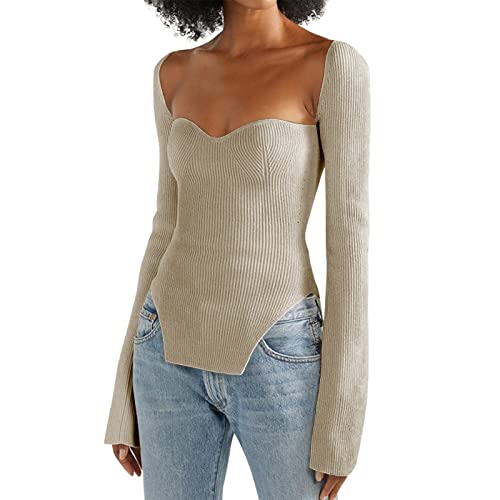ACOSAP Damen Quadratischer Ausschnitt Gerippter Strickpullover Langarm Crop Slim Fitted Basic Pullover Tops, Apricot, Mittel von ACOSAP
