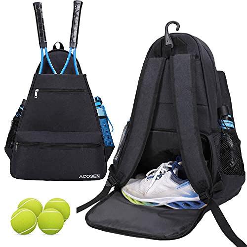 ACOSEN Tennistasche Tennisrucksack – Tennistaschen für Damen oder Herren für 2 Tennisschläger, Pickleball-Paddel, Kleidung und Bälle, Separates belüftetes Schuhfach (Schwarz – B) von ACOSEN