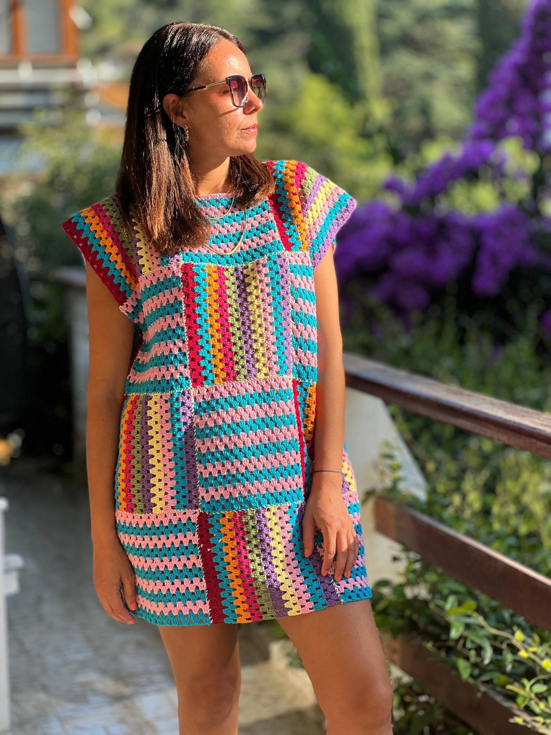Gehäkeltes Patchwork Kleid, Handgemachtes Baumwollkleid, Häkel Minikleid, Bademode Gehäkeltes Patchwork Kleid, Handgemachtes Baumwollkleid, Häkel Minikleid, Bademode von ACRCRAFTSTUDIO