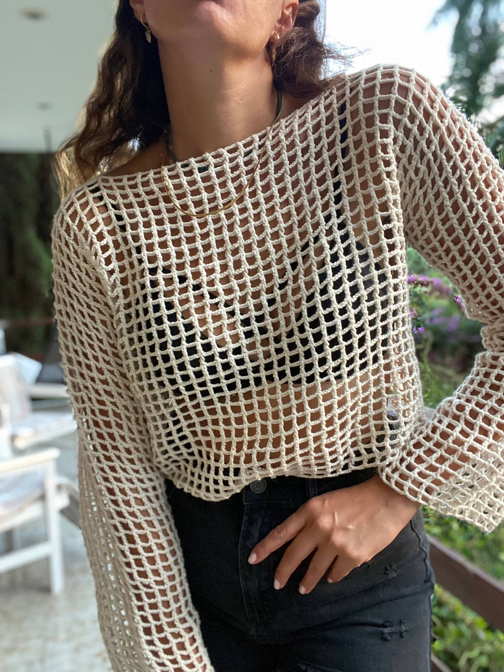 Mesh Crop Pullover, Langarm Häkelpullover, Top, Handgemachter Sommerpullover Mesh Crop Pullover, Langarm Häkelpullover, Top, Handgemachter Sommerpullover von ACRCRAFTSTUDIO