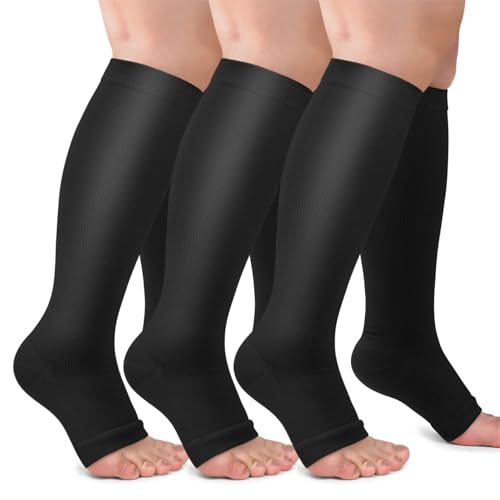 ACTINPUT 3 Paar Kompressionsstrümpfe Damen und Herren,15-20mmHg Kompressionssocken Offene Spitze Abgestufte Unterstützung Stützstrümpfe kniestrümpfe für Flug,Laufen, Sport, Reise(Schwarz,3XL) von ACTINPUT