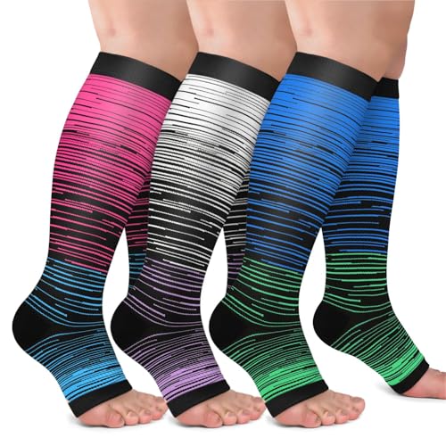 ACTINPUT 3 Paar Kompressionsstrümpfe Damen und Herren,15-20mmHg Kompressionssocken Offene Spitze Abgestufte Unterstützung Stützstrümpfe kniestrümpfe für Flug,Laufen, Sport, Reise von ACTINPUT