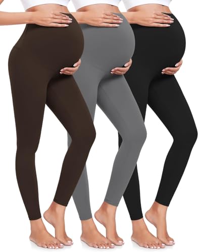 ACTINPUT 3er Pack Umstandsleggings Damen Blickdicht High Waist Umstandshose Elastisch Schwangerschaftsleggings Umstandsmode Schwarz Leggings for Schwangerschaft(Schwarz/Grau/Kaffee,XL) von ACTINPUT