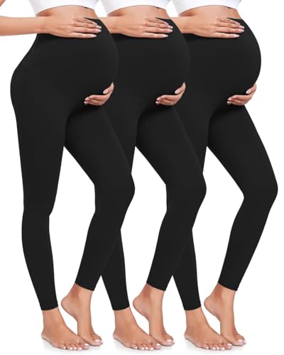 ACTINPUT 3er Pack Umstandsleggings Damen Blickdicht High Waist Umstandshose Elastisch Schwangerschaftsleggings Umstandsmode Schwarz Leggings for Schwangerschaft(Schwarz,M) von ACTINPUT