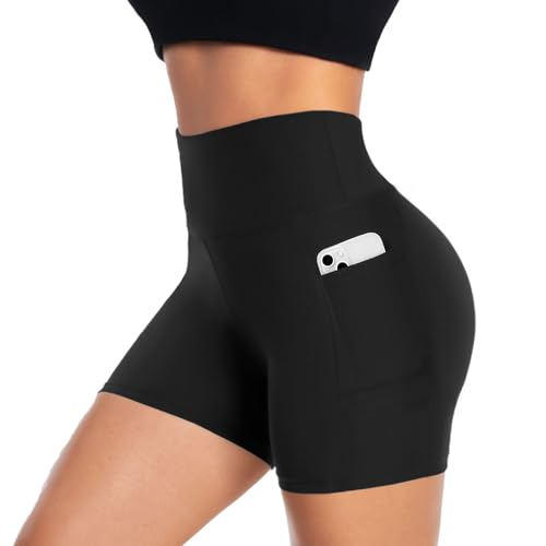 ACTINPUT Radlerhose Damen Kurze Shorts mit Taschen High Waist Sporthose Leggings Blickdicht Hotpants Unterhose Boxershorts Sommer(Schwarz,L-XL) von ACTINPUT