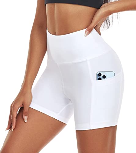 ACTINPUT Radlerhose Damen mit Taschen High Waist Yoga Shorts Kurze Leggings Blickdicht Sporthose Hotpants(Weiß，L) von ACTINPUT