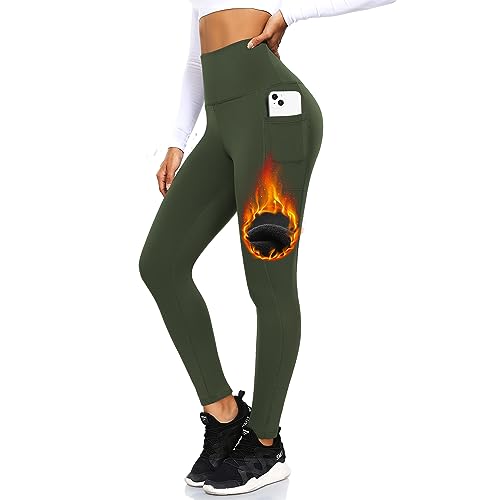 ACTINPUT Thermo Leggings Damen Gefütterte Thermoleggins High Waist Thermohose Winter Warme Sportleggins Strumpfhosen Yogahose Laufhose Sporthose mit Taschen(Armee Grün,S-M) von ACTINPUT