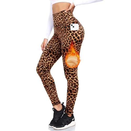 ACTINPUT Thermo Leggings Damen Gefütterte Thermoleggins High Waist Thermohose Winter Warme Sportleggins Strumpfhosen Yogahose Laufhose Sporthose mit Taschen(Leopard,S-M) von ACTINPUT