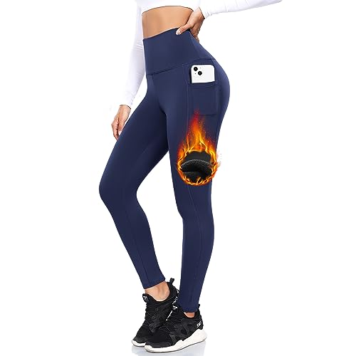 ACTINPUT Thermo Leggings Damen Gefütterte Thermoleggins High Waist Thermohose Winter Warme Sportleggins Strumpfhosen Yogahose Laufhose Sporthose mit Taschen(Navy blau,S-M) von ACTINPUT