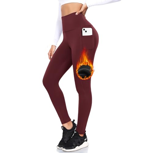 ACTINPUT Thermo Leggings Damen Gefütterte Thermoleggins High Waist Thermohose Winter Warme Sportleggins Strumpfhosen Yogahose Laufhose Sporthose mit Taschen(Rot,S-M) von ACTINPUT