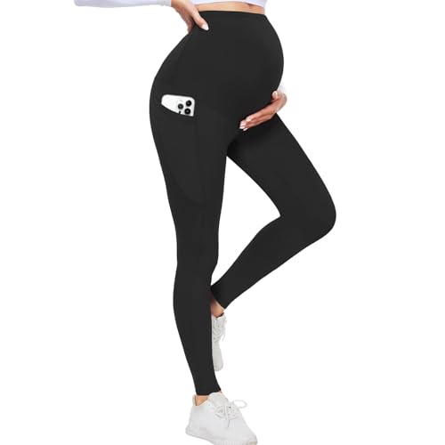 ACTINPUT Umstandsleggings Damen Blickdicht High Waist Umstandshose Elastisch Schwangerschaftsleggings mit Taschen Umstandsmode Leggings for Schwangerschaft(Schwarz,M) von ACTINPUT