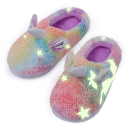 ACTLATI Kinder Mädchen Regenbogen Fuzzy Hausschuhe Einhorn Stern Glow in the Dark Plüsch Fleece Warm Indoor Haus Hausschuhe mit Anti-Rutsch-Sohlen, Einhorn, Regenbogen, Stern, 12-13 Little Kid von ACTLATI
