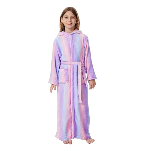 ACTLATI Plüsch-Bademantel mit Kapuze für Mädchen, volle Länge, weicher Fleece-Bademantel mit Gürtel und Taschen, langer Kindermantel für Mädchen im Alter von 3–13 Jahren, Regenbogen, 8-9 Jahre von ACTLATI