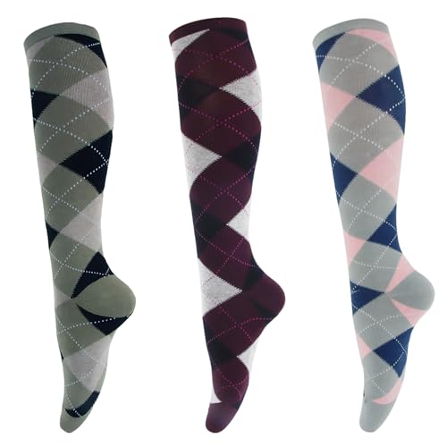 ACTOYS 3 Paar Karierte Reitsocken, Knie Stiefelsocken, Kniestrümpfe Damen, Modische Radsocken mit Karomuster, Warm und Bequem(Burgunderrot, Schwarz und Grau) (Baumwollmischung, Dreifarbig) von ACTOYS