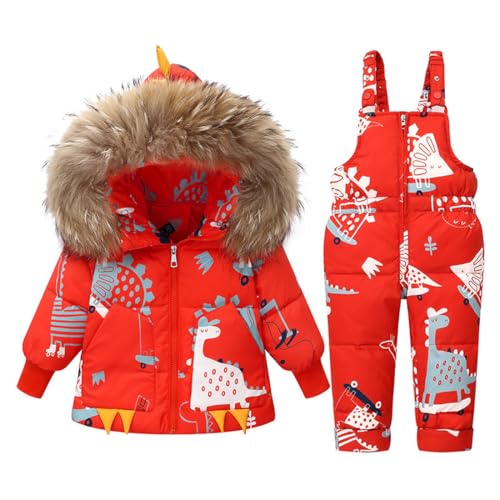 Acuryx Gedruckt Schneeanzüge für Baby-Mädchen 2 Stück Bekleidungsset Winter Unisex Kinder Daunenjacke mit Abnehmbarer Fellkapuze mit Schneelatzhose Jungen Mädchen Skianzug Kleidung von Acuryx
