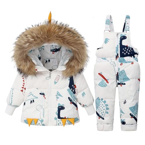 Acuryx Gedruckt Schneeanzüge für Baby-Mädchen 2 Stück Bekleidungsset Winter Unisex Kinder Daunenjacke mit Abnehmbarer Fellkapuze mit Schneelatzhose Jungen Mädchen Skianzug Kleidung von Acuryx