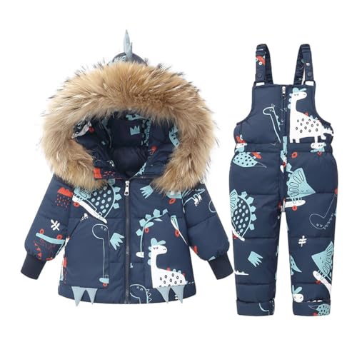 Acuryx Gedruckt Schneeanzüge für Baby-Mädchen 2 Stück Bekleidungsset Winter Unisex Kinder Daunenjacke mit Abnehmbarer Fellkapuze mit Schneelatzhose Jungen Mädchen Skianzug Kleidung von Acuryx
