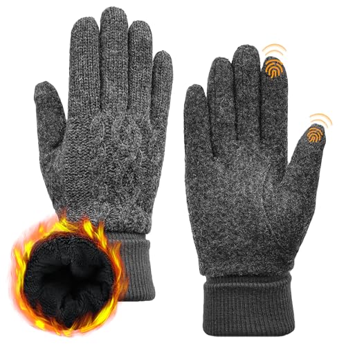 ACUSHLA-Handschuhe aus Merinowolle für Männer und Frauen – Fleecegefütterte, schwere, warme Touchscreen-Handschuhe für kaltes Wetter im Winter, weiche, thermische Strickhandschuhe Dunkelgrau L von ACUSHLA