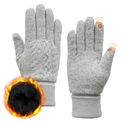 ACUSHLA-Handschuhe aus Merinowolle für Männer und Frauen – Fleecegefütterte, schwere, warme Touchscreen-Handschuhe für kaltes Wetter im Winter, weiche, thermische Strickhandschuhe Hellgrau S von ACUSHLA