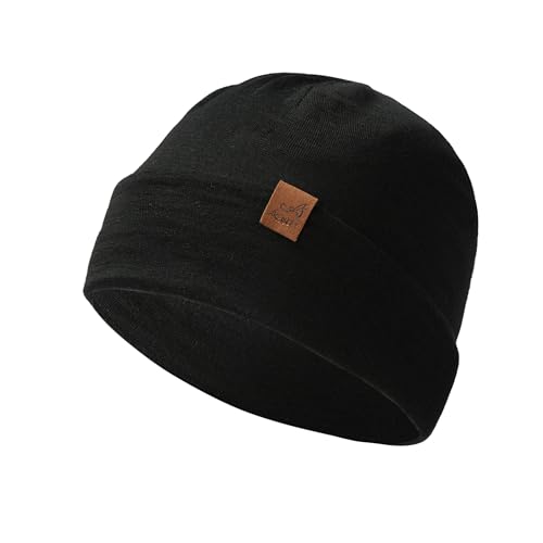 ACUSHLA Mütze Beanie 100% Merino Wolle für Herren und Damen, gestrickte Wintermütze, Unisex-Uhrenkappe, Zweilagige Strickmütze für kaltes Wetter Schwarz von ACUSHLA