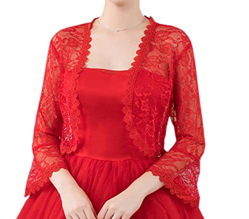 ACVIP Damen Bolero Blumenspitzen Jäckchen Kurz Cardigan Jacke für Abendkleider in (Rot) von ACVIP