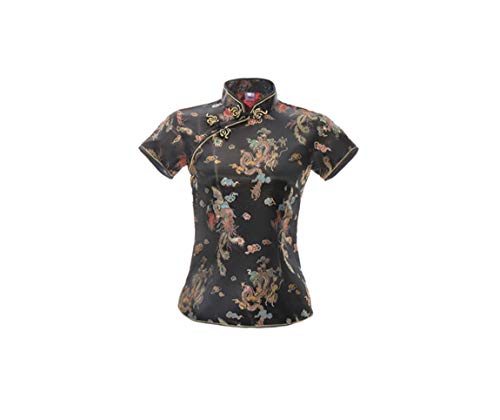 ACVIP Damen Drache Phoenix Qipao Top Kurzarm Stehkragen Chinesische Bluse Oberteile(China 2XL/EU 42,Schwarz) von ACVIP