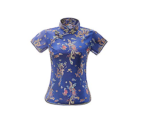 ACVIP Damen Drache Phoenix Qipao Top Kurzarm Stehkragen Chinesische Bluse Oberteile(China 4XL/EU 46,Dunkelblau) von ACVIP