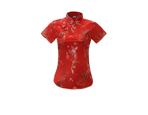 ACVIP Damen Drache Phoenix Qipao Top Kurzarm Stehkragen Chinesische Bluse Oberteile(China 4XL/EU 46,Rot) von ACVIP