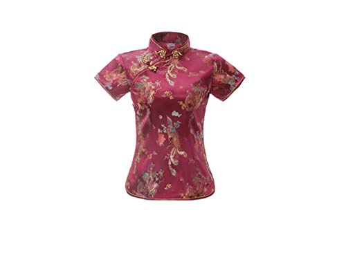ACVIP Damen Drache Phoenix Qipao Top Kurzarm Stehkragen Chinesische Bluse Oberteile(China M/EU 36,Weinrot) von ACVIP