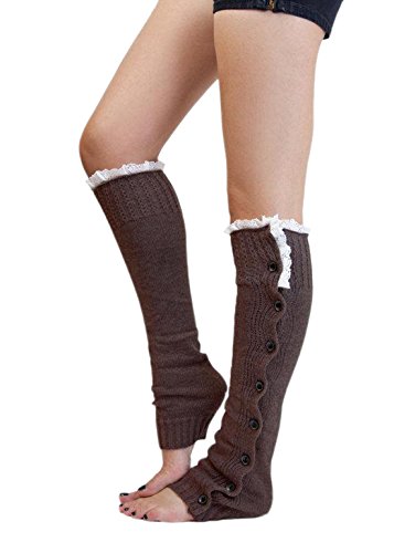 ACVIP Damen Gestrickt Beinstulpen Kniestrümpfe Winter Stiefel Socken mit Spitzen Knopf(Braun) von ACVIP