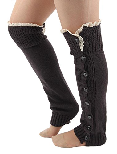 ACVIP Damen Gestrickt Beinstulpen Kniestrümpfe Winter Stiefel Socken mit Spitzen Knopf(Dunkelgrau) von ACVIP