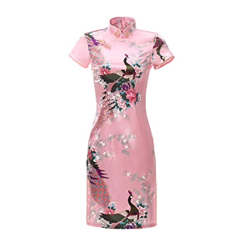 ACVIP Damen Pfau-Muster Kurzes Cheongsam Qipao Retro Chinesisches Bankettkleid Partykleid(China 2XL/EU 40,Rosa) von ACVIP