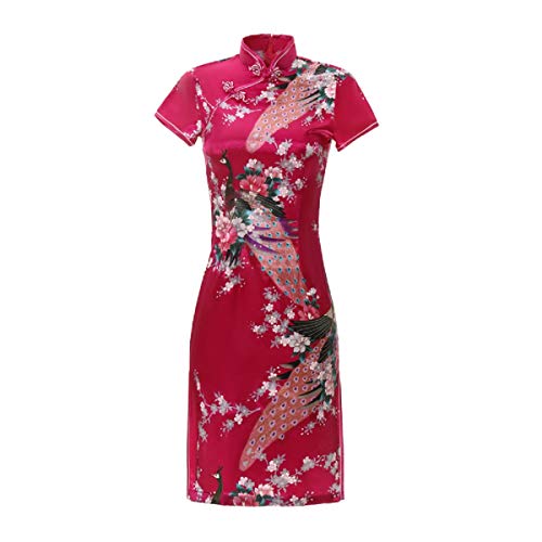 ACVIP Damen Pfau-Muster Kurzes Cheongsam Qipao Retro Chinesisches Bankettkleid Partykleid(China 2XL/EU 40,Rose rot) von ACVIP