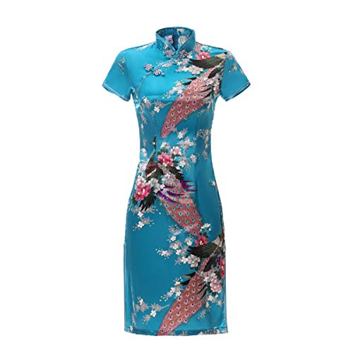 ACVIP Damen Pfau-Muster Kurzes Cheongsam Qipao Retro Chinesisches Bankettkleid Partykleid(China L/EU 36,Hellblau) von ACVIP