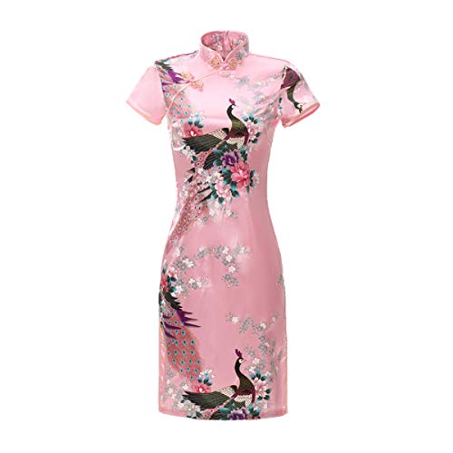 ACVIP Damen Pfau-Muster Kurzes Cheongsam Qipao Retro Chinesisches Bankettkleid Partykleid(China L/EU 36,Rosa) von ACVIP