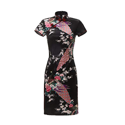 ACVIP Damen Pfau-Muster Kurzes Cheongsam Qipao Retro Chinesisches Bankettkleid Partykleid(China L/EU 36,Schwarz) von ACVIP