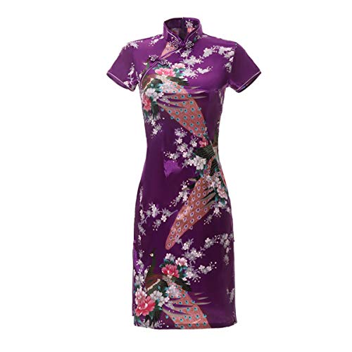 ACVIP Damen Pfau-Muster Kurzes Cheongsam Qipao Retro Chinesisches Bankettkleid Partykleid(China L/EU 36,Violett) von ACVIP