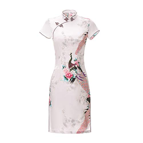 ACVIP Damen Pfau-Muster Kurzes Cheongsam Qipao Retro Chinesisches Bankettkleid Partykleid(China L/EU 36,Weiß) von ACVIP