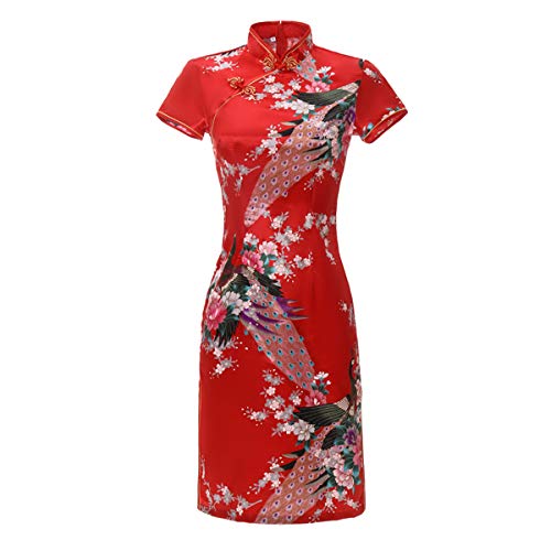 ACVIP Damen Pfau-Muster Kurzes Cheongsam Qipao Retro Chinesisches Bankettkleid Partykleid(China M/EU 34,Rot) von ACVIP