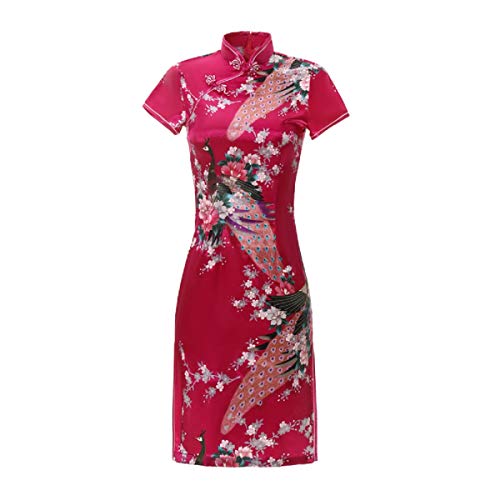 ACVIP Damen Pfau-Muster Kurzes Cheongsam Qipao Retro Chinesisches Bankettkleid Partykleid(China S/EU 32,Rose rot) von ACVIP