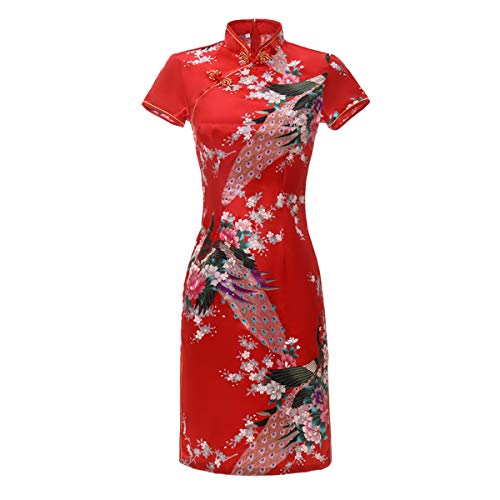 ACVIP Damen Pfau-Muster Kurzes Cheongsam Qipao Retro Chinesisches Bankettkleid Partykleid(China XL/EU 38,Rot) von ACVIP