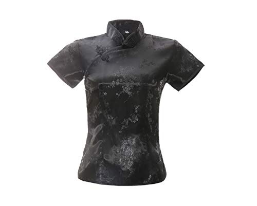 ACVIP Damen Pflaumenblüte Qipao Oberteile Stehkragen Kurzarm Chinesische Bluse Top(China S/EU 34,Schwarz) von ACVIP