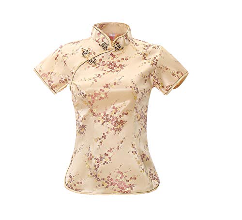 ACVIP Damen Pflaumenblüte Qipao Oberteile Stehkragen Kurzarm Chinesische Bluse Top(China XL/EU 40,Gold) von ACVIP