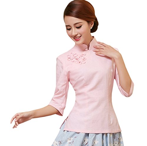 ACVIP Damen Reine Farbe Sieben Punkten Ärmel Klassisch Cheongsam Bluse (EU 36/ Chinese M, Pink) von ACVIP