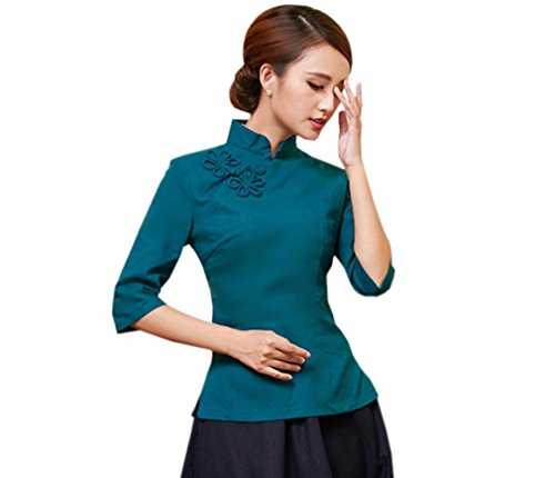 ACVIP Damen Reine Farbe Sieben Punkten Ärmel Klassisch Cheongsam Bluse (EU 38/ Chinese L, Pfau Blau) von ACVIP