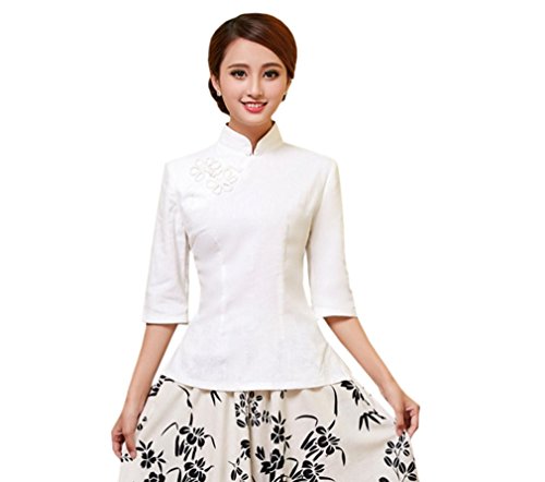 ACVIP Damen Reine Farbe Sieben Punkten Ärmel Klassisch Cheongsam Bluse (EU 38/ Chinese L, Weiß) von ACVIP